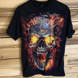 Spiral flaming skull Black Graphic Skull T-Shirt size medium